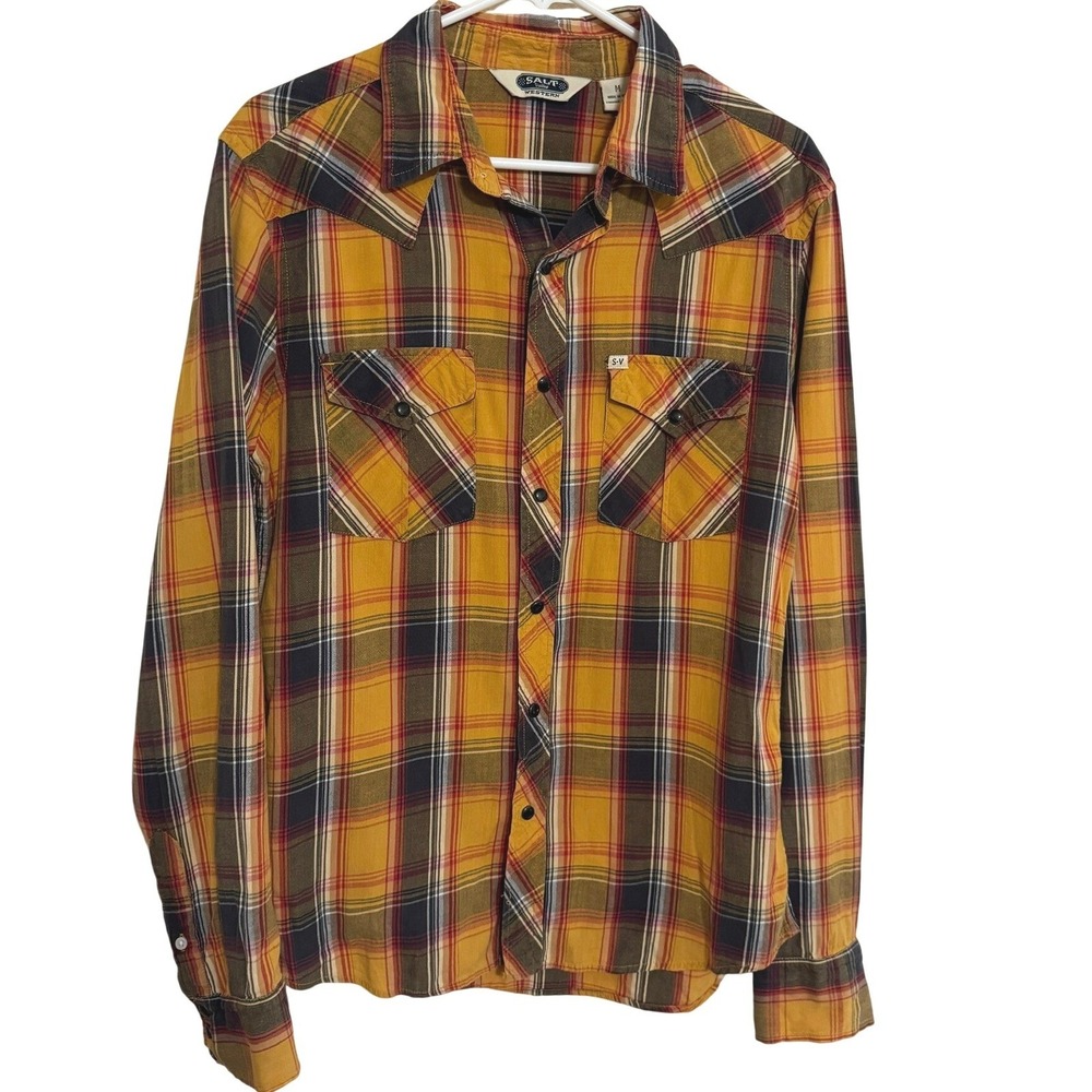 Salt Valley Western Shirt Mens Medium Pearl Snap flannel western cowboy yellow
